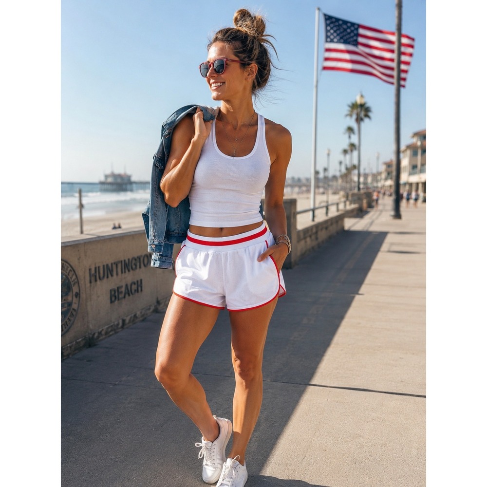Free People FP Movement White Orange Piping Dolphin Athletic Shorts Womens XL